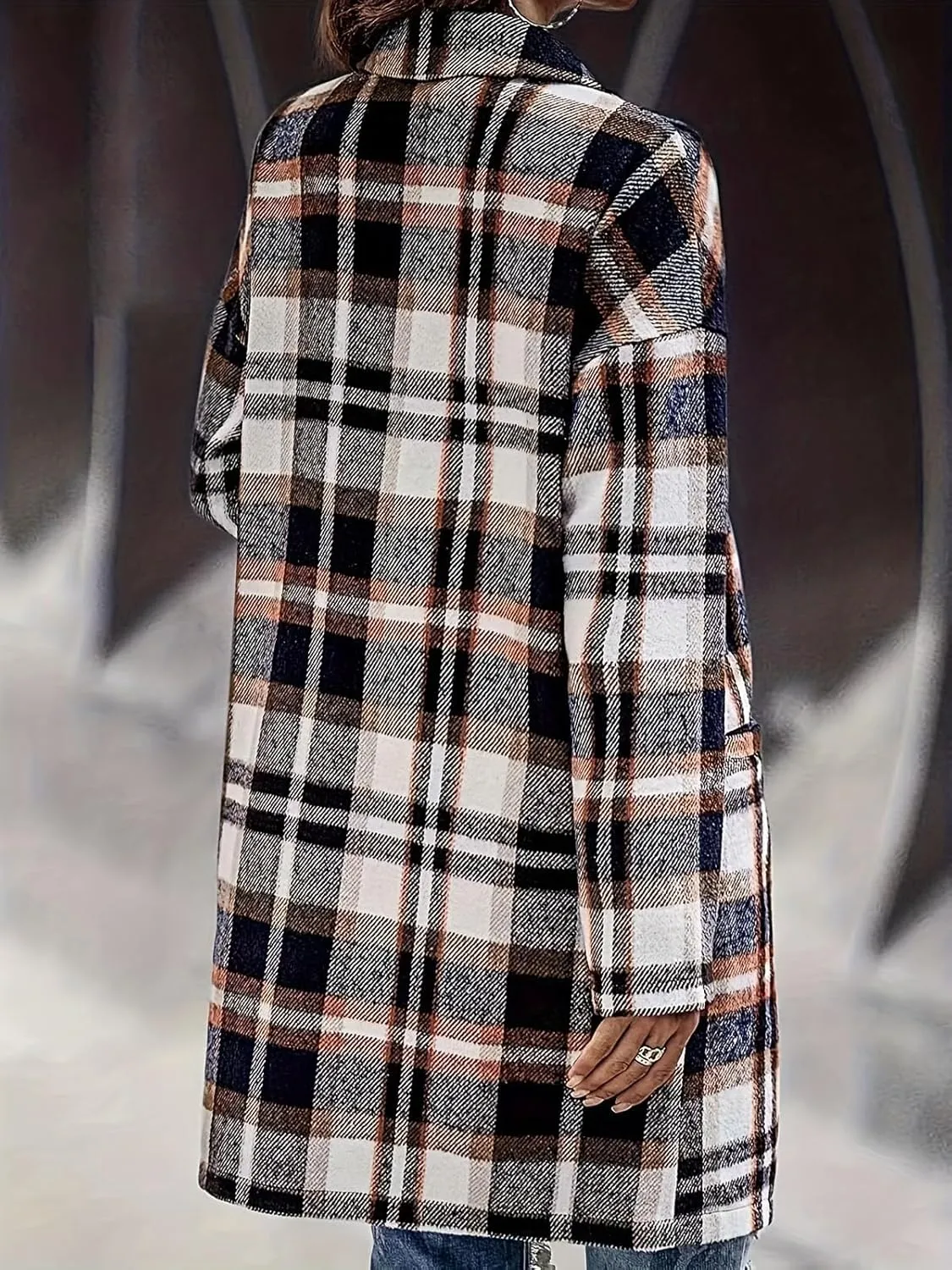 ebossy Women's Fall Casual Plaid Shacket Jacket Plus Size Notch Lapel Long Sleeve Button Up Trench Coat