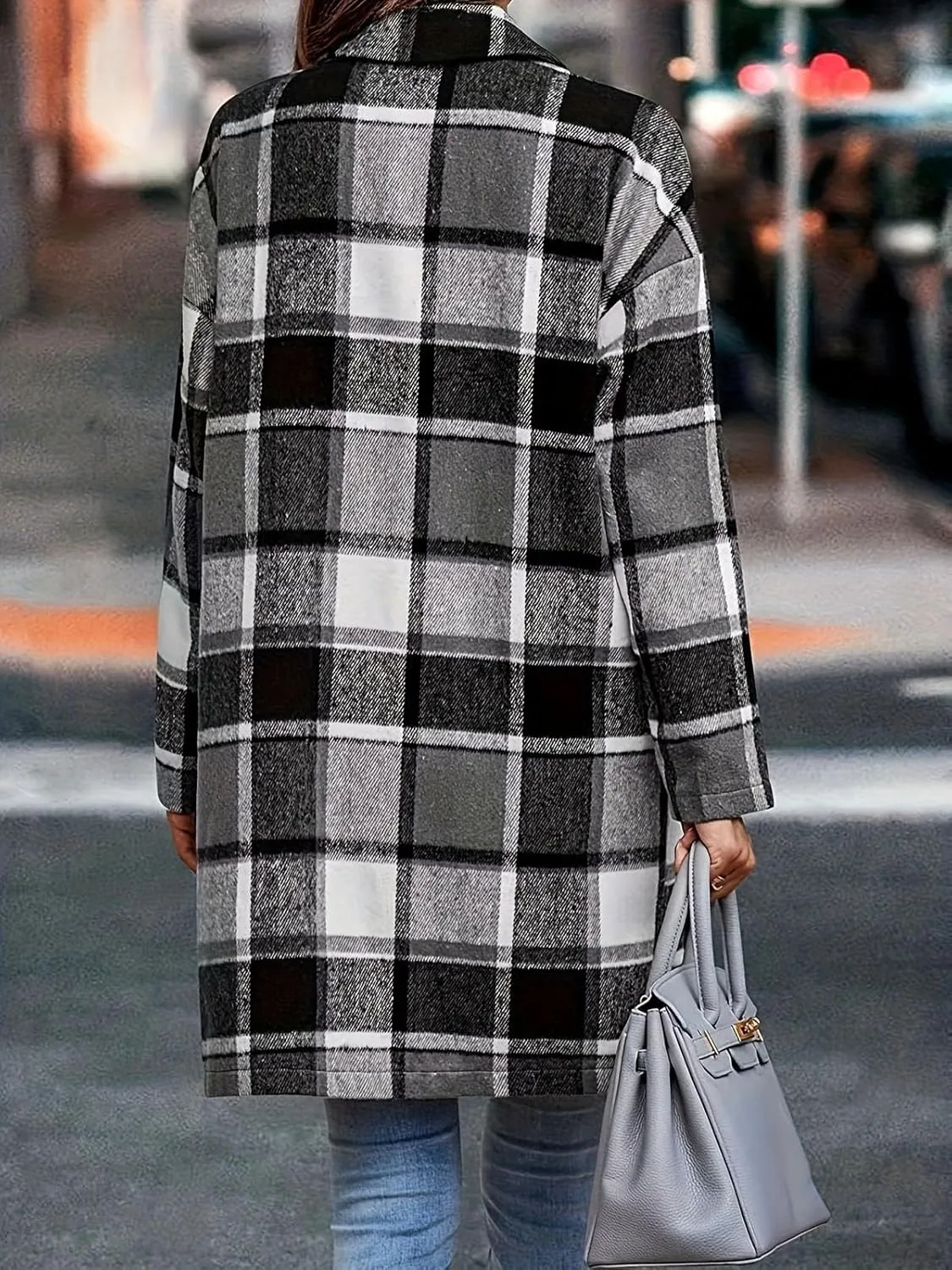 ebossy Women's Fall Casual Plaid Shacket Jacket Plus Size Notch Lapel Long Sleeve Button Up Trench Coat