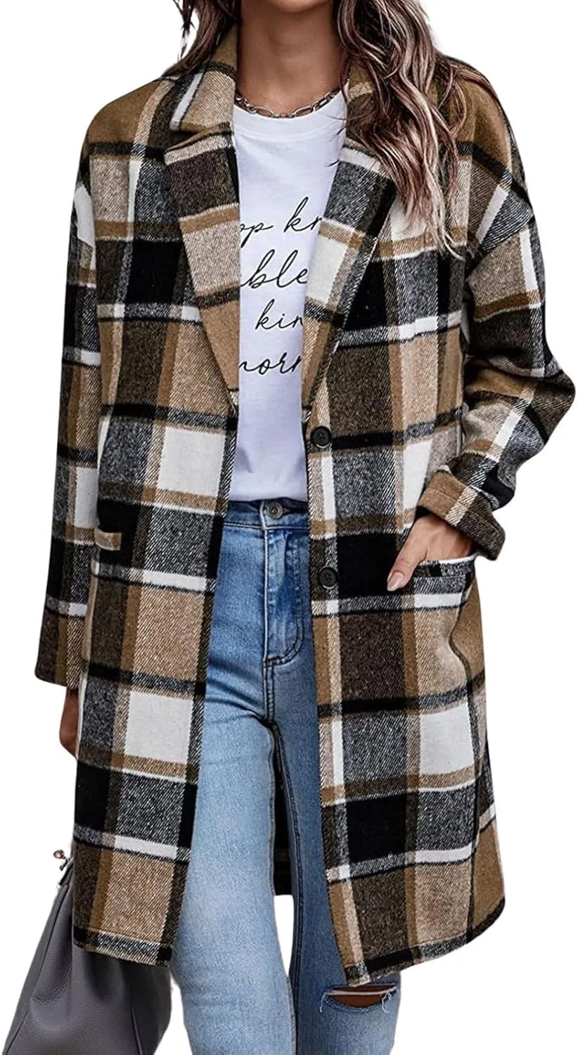 ebossy Women's Fall Casual Plaid Shacket Jacket Plus Size Notch Lapel Long Sleeve Button Up Trench Coat