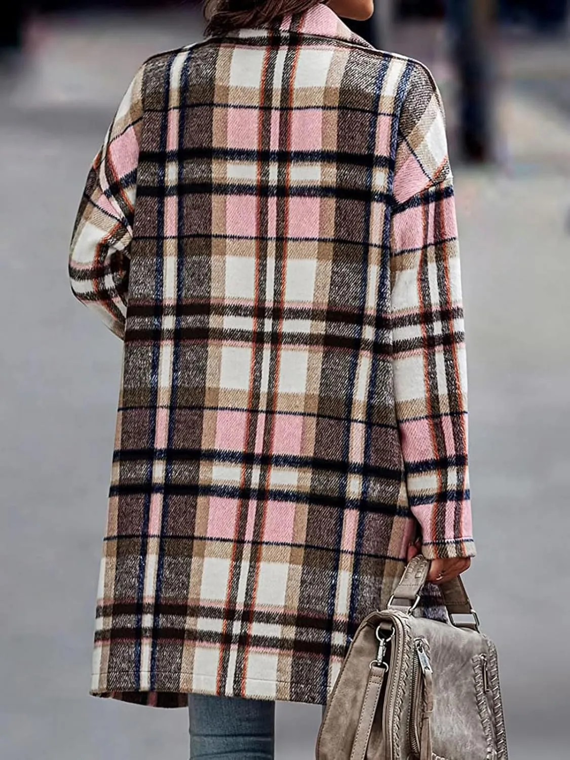 ebossy Women's Fall Casual Plaid Shacket Jacket Plus Size Notch Lapel Long Sleeve Button Up Trench Coat