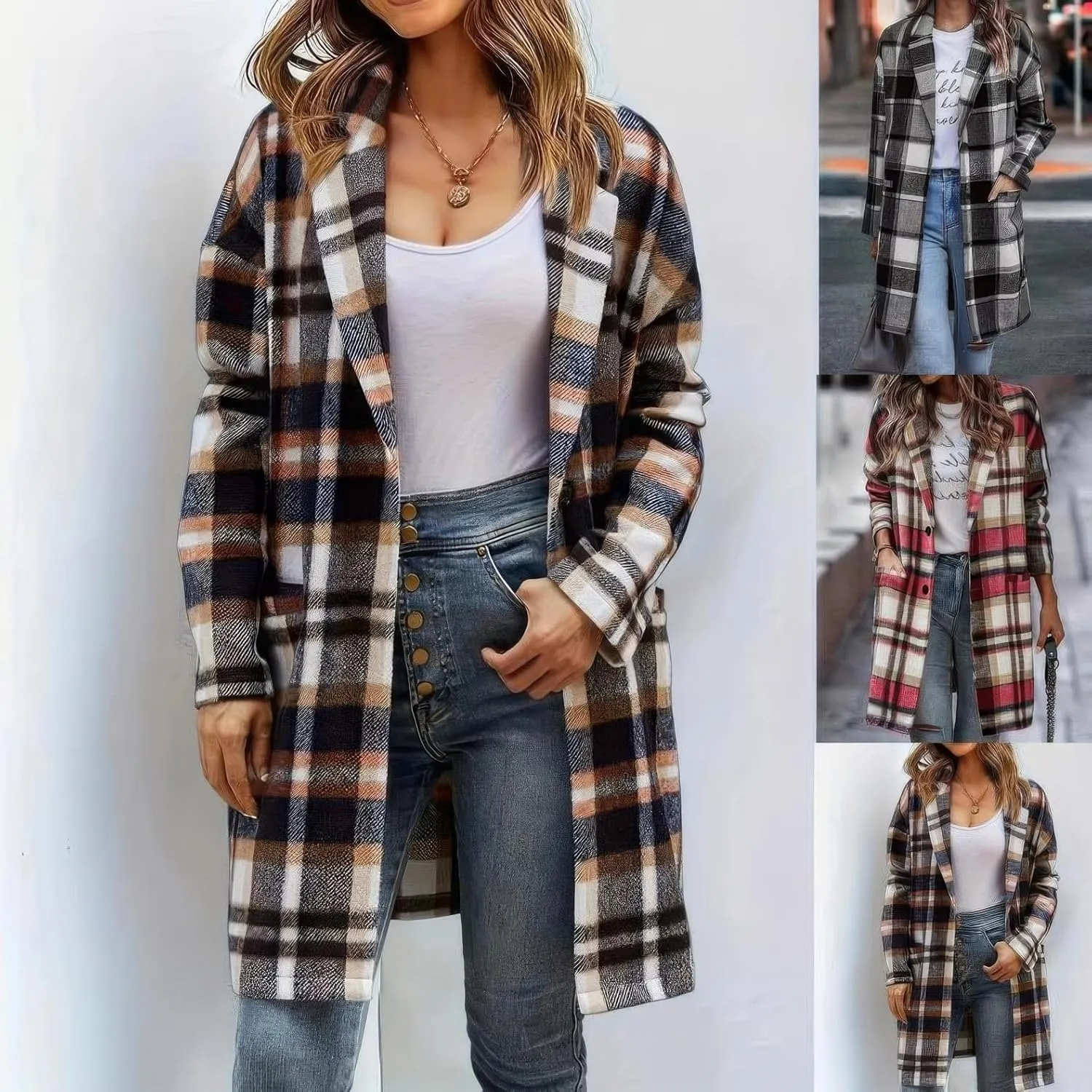 ebossy Women's Fall Casual Plaid Shacket Jacket Plus Size Notch Lapel Long Sleeve Button Up Trench Coat