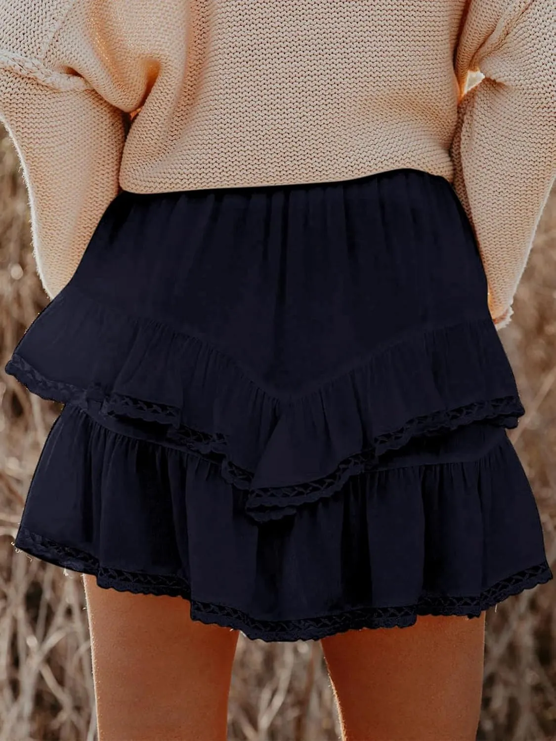 ebossy Women's Tiered Ruffle High Waist Boho Mini Skirts Lace Crochet Golf Tennis Flowy Skorts Shorts