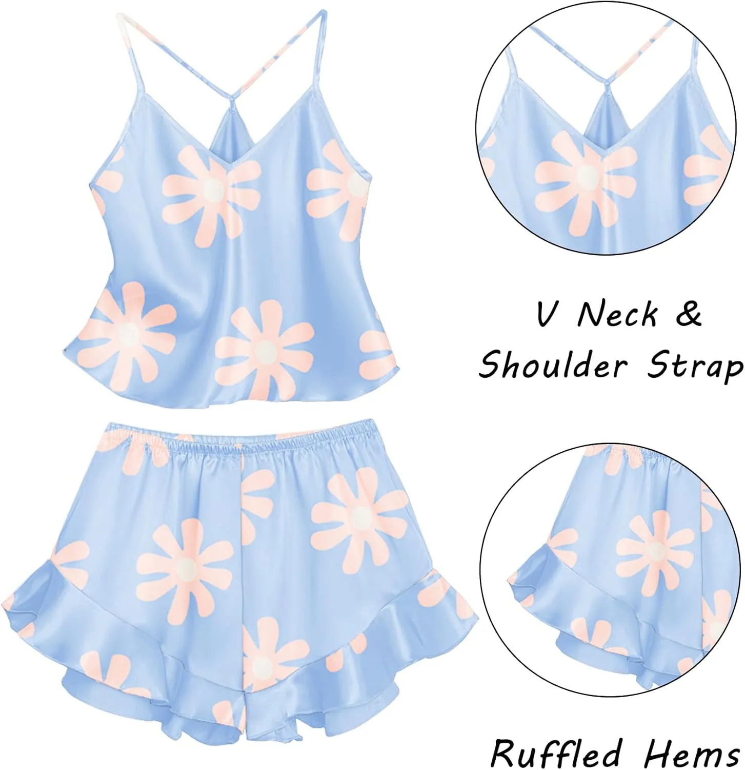 Ekouaer Satin Pajama Set for Women 2 Piece Camisole Top and Shorts Silk Lingerie with Ruffle Floral Nightwear