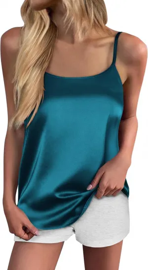 Ekouaer Silk Camisole Tops for Women Spaghetti Strap Tank Top Satin Cami Tops Crew Neck Silky Camis Basic Blose Shirts-XXL
