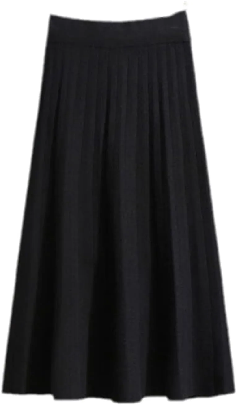 Elegant Midi Pleated Knitted Skirt Women Autumn Winter Korean Knee Length A Line High Waist Skirt Ladies