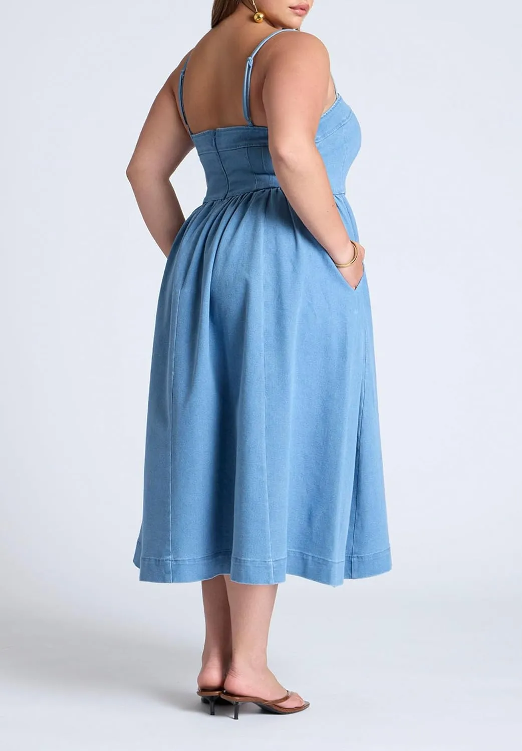 ELOQUII Women's Plus Size Denim Corset Bodice Midi Dress