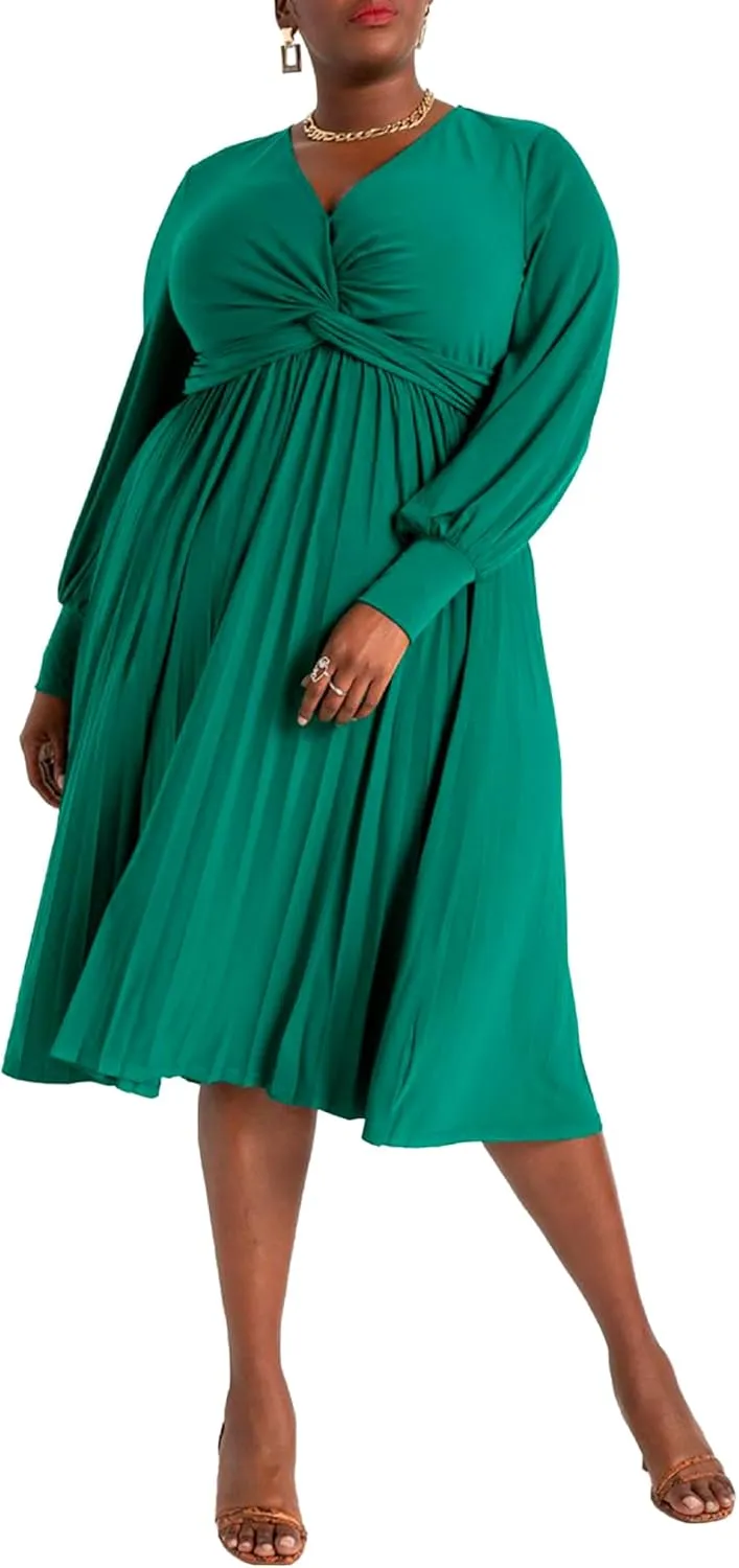 ELOQUII Women's Plus Size Knot Front Pleated Skirt Dress