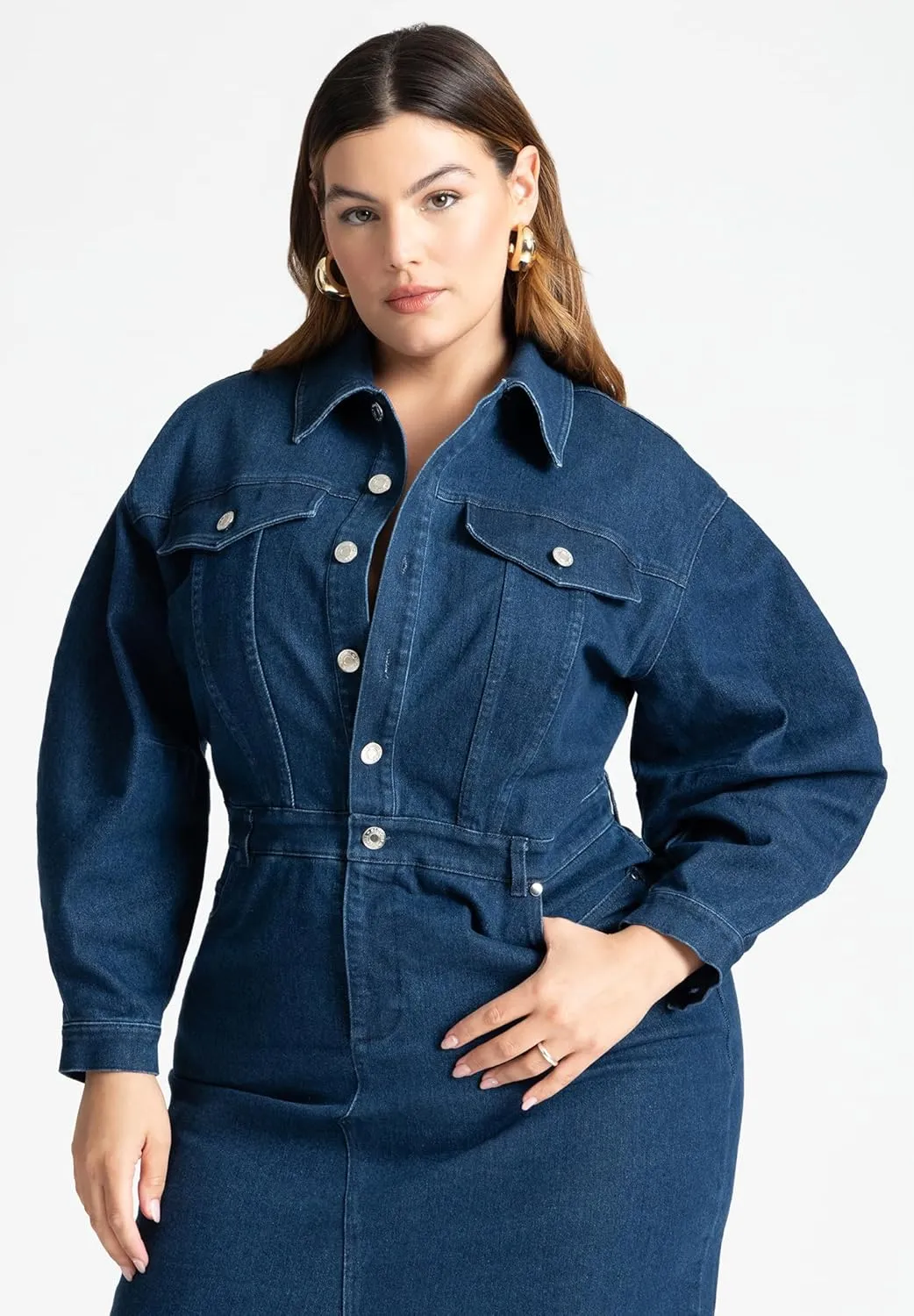 ELOQUII Women's Plus Size Oversized Denim Midi Dress