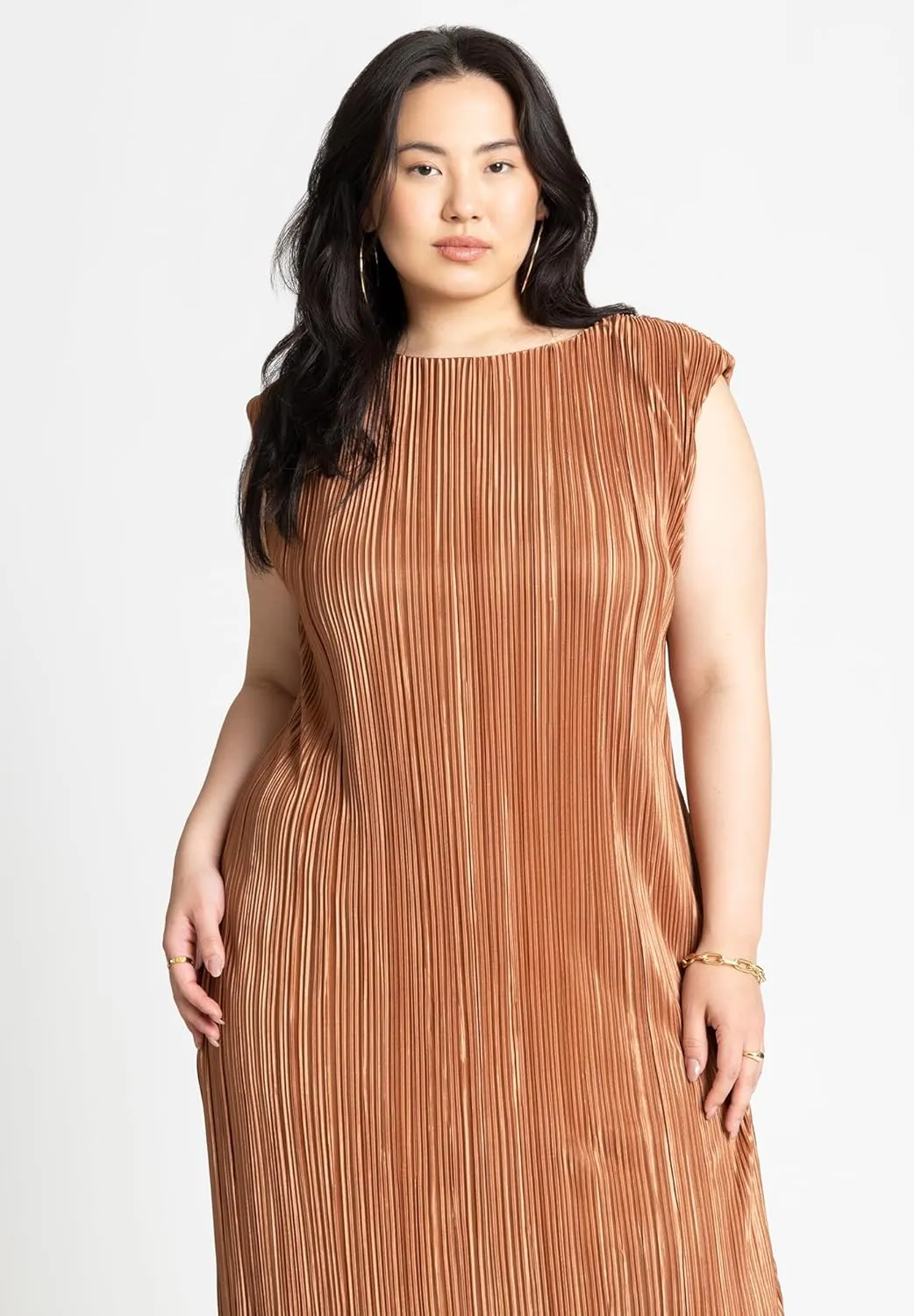 ELOQUII Women's Plus Size Plisse Short Sleeve Midi Dress