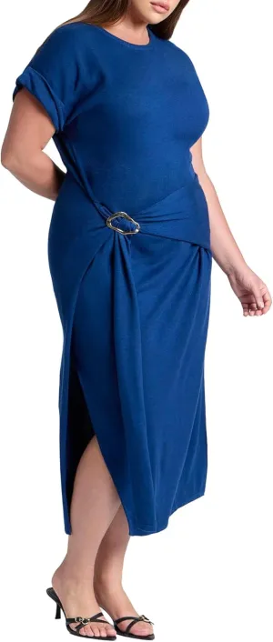 ELOQUII Women's Plus Size Rolled Sleeve Midi Dress with Buckle