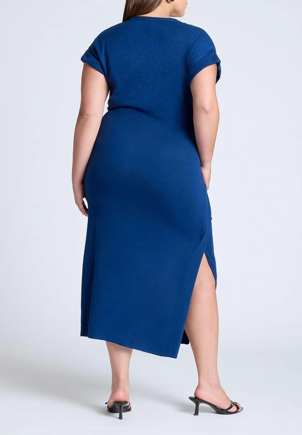 ELOQUII Women's Plus Size Rolled Sleeve Midi Dress with Buckle