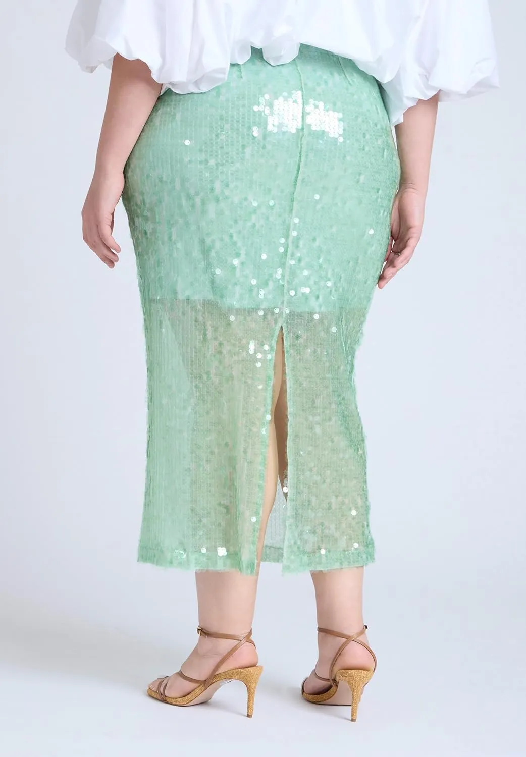 ELOQUII Women's Plus Size Semi Sheer Sequin Midi Skirt