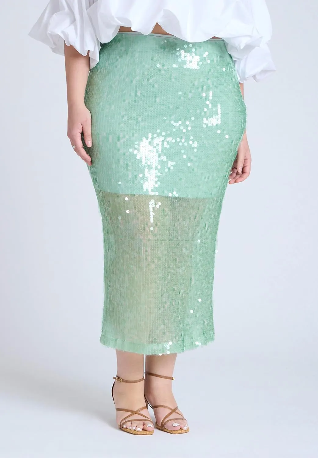 ELOQUII Women's Plus Size Semi Sheer Sequin Midi Skirt