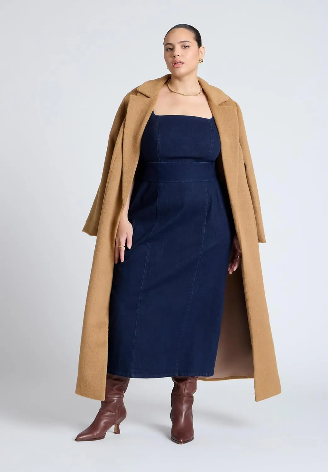 ELOQUII Women's Plus Size Tie Detail Denim Midi Dress