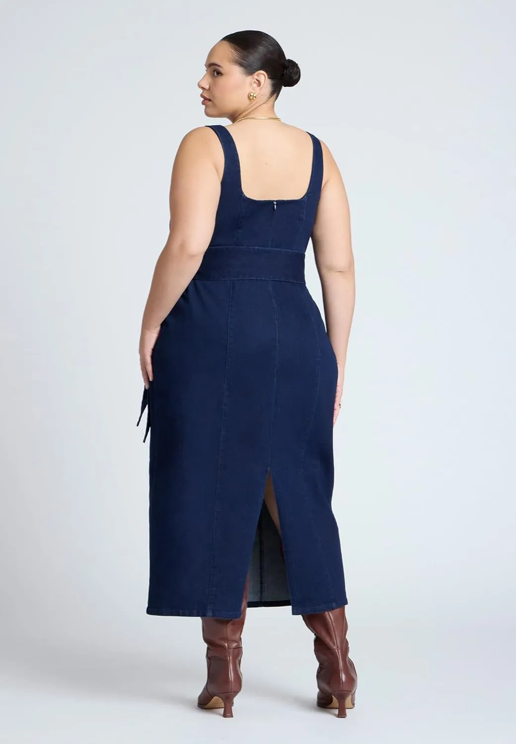 ELOQUII Women's Plus Size Tie Detail Denim Midi Dress