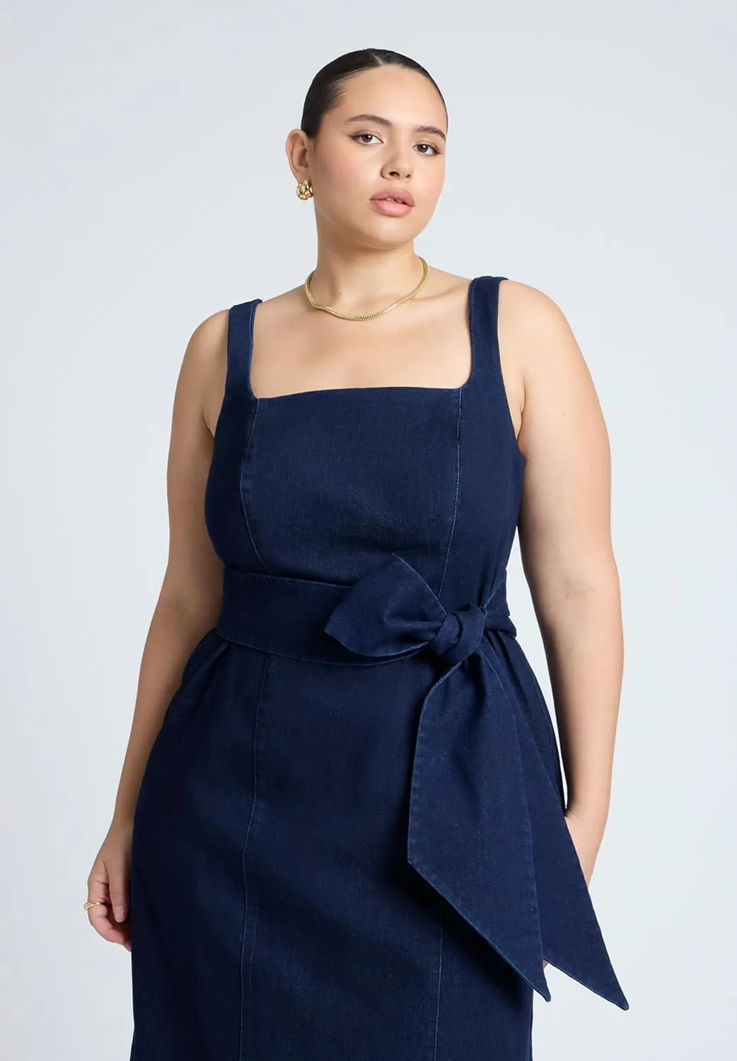 ELOQUII Women's Plus Size Tie Detail Denim Midi Dress