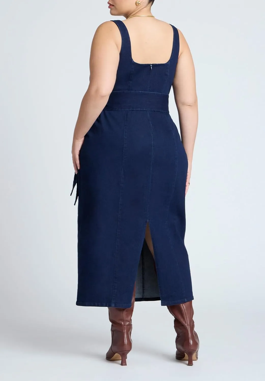 ELOQUII Women's Plus Size Tie Detail Denim Midi Dress