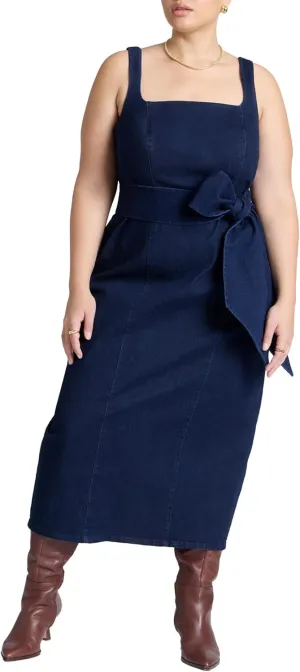 ELOQUII Women's Plus Size Tie Detail Denim Midi Dress