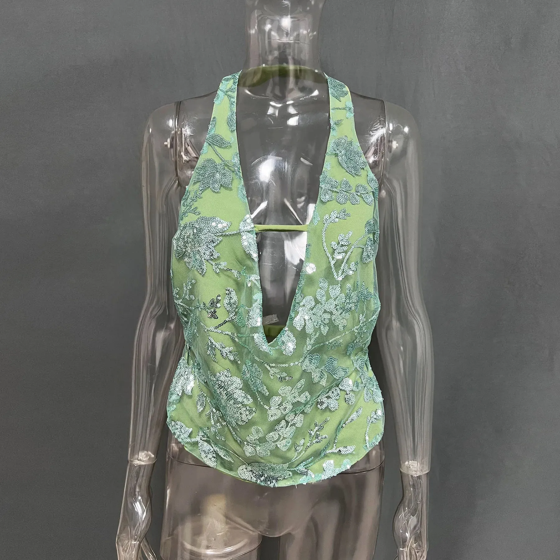 Embroidery Sequin Deep Neck Halter Open Back Top