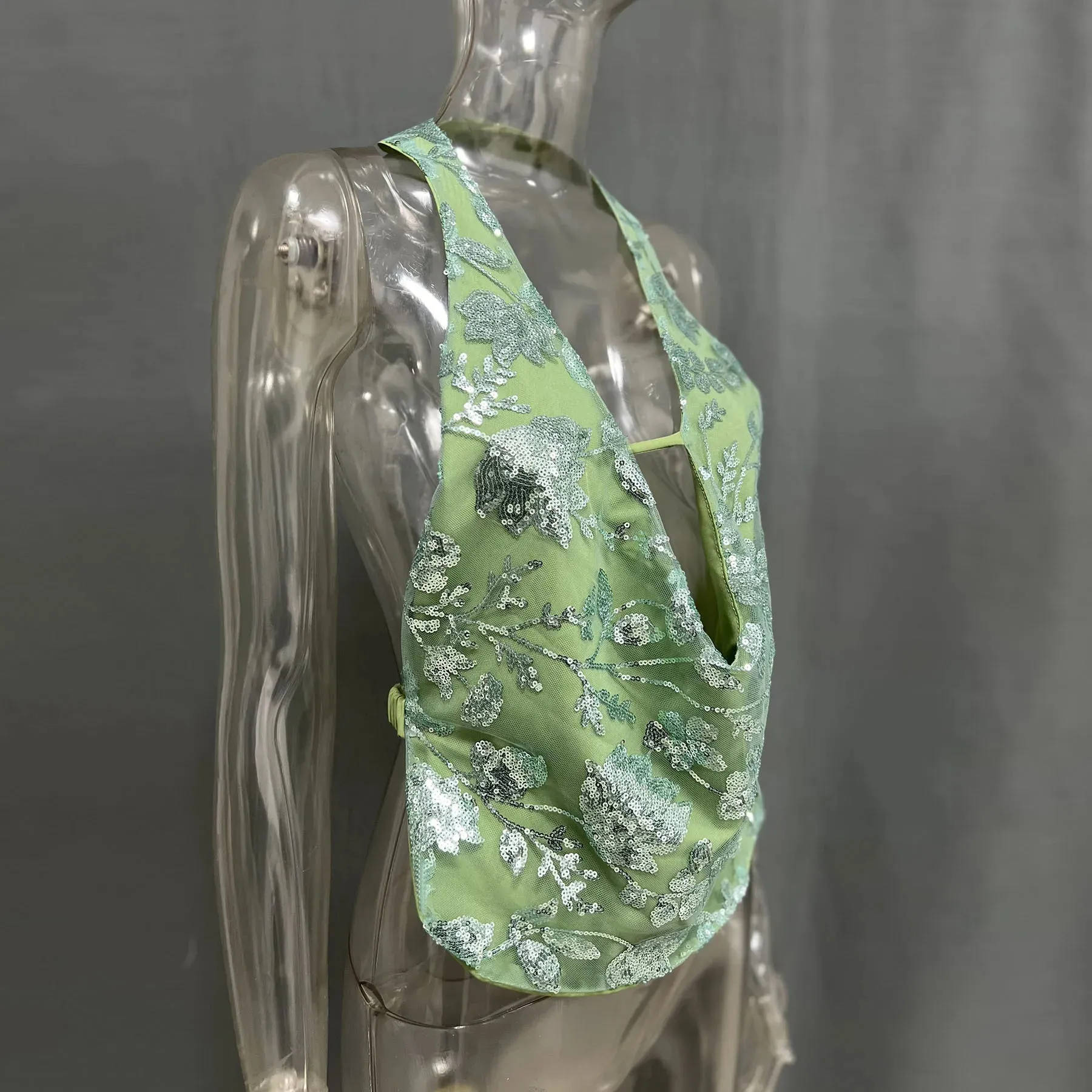 Embroidery Sequin Deep Neck Halter Open Back Top