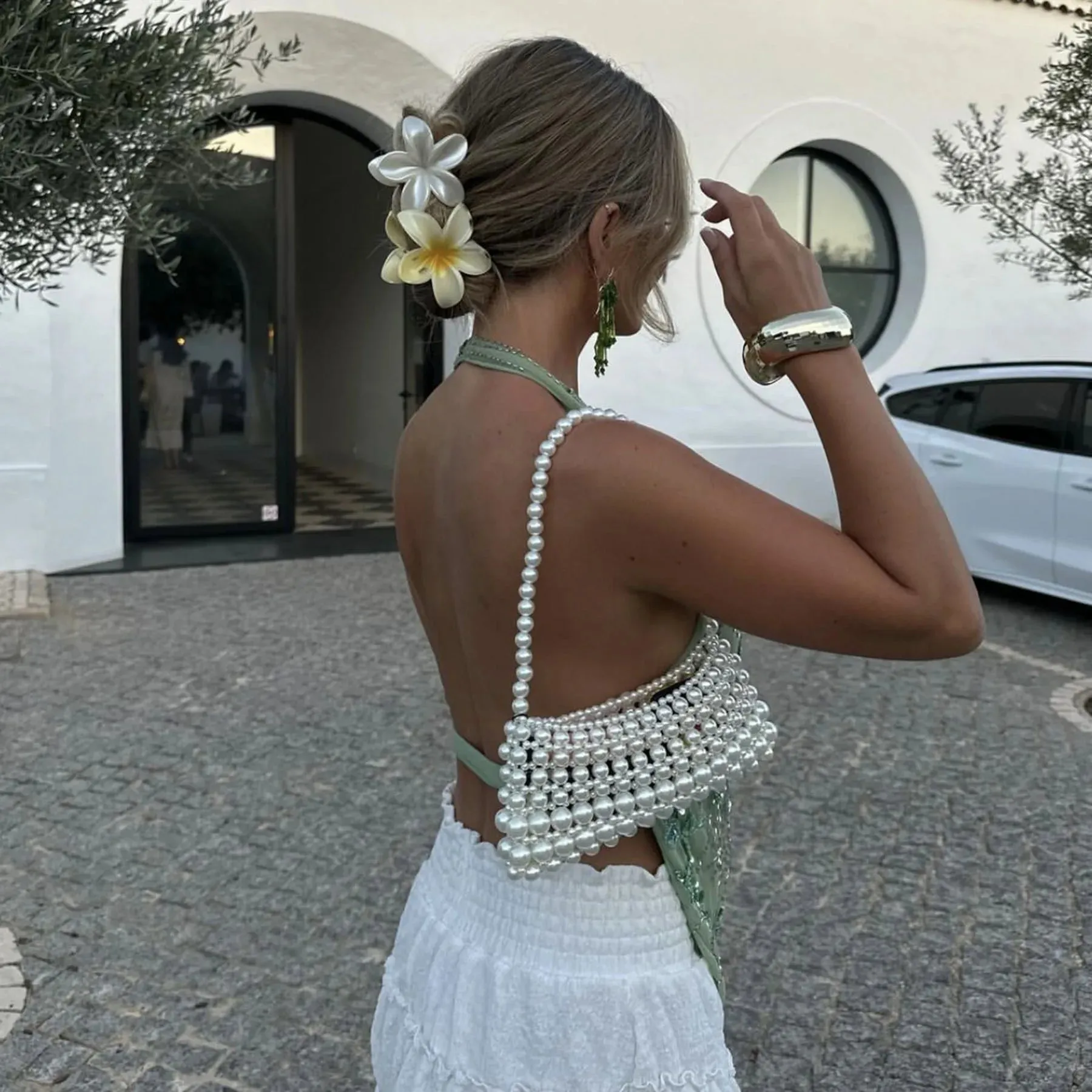 Embroidery Sequin Deep Neck Halter Open Back Top