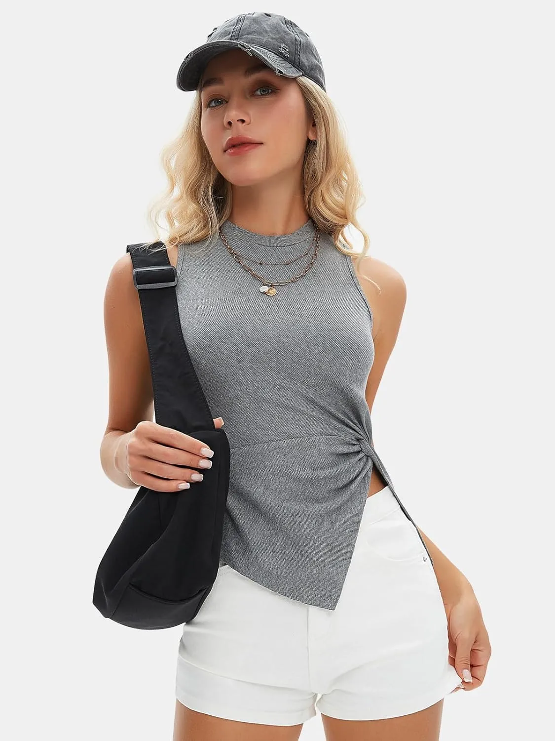 EXLURA Women's Summer Sleeveless High Neck Tank Tops Sexy Twist Knot Asymmetrical Hem Shirts Going Out Top 2025