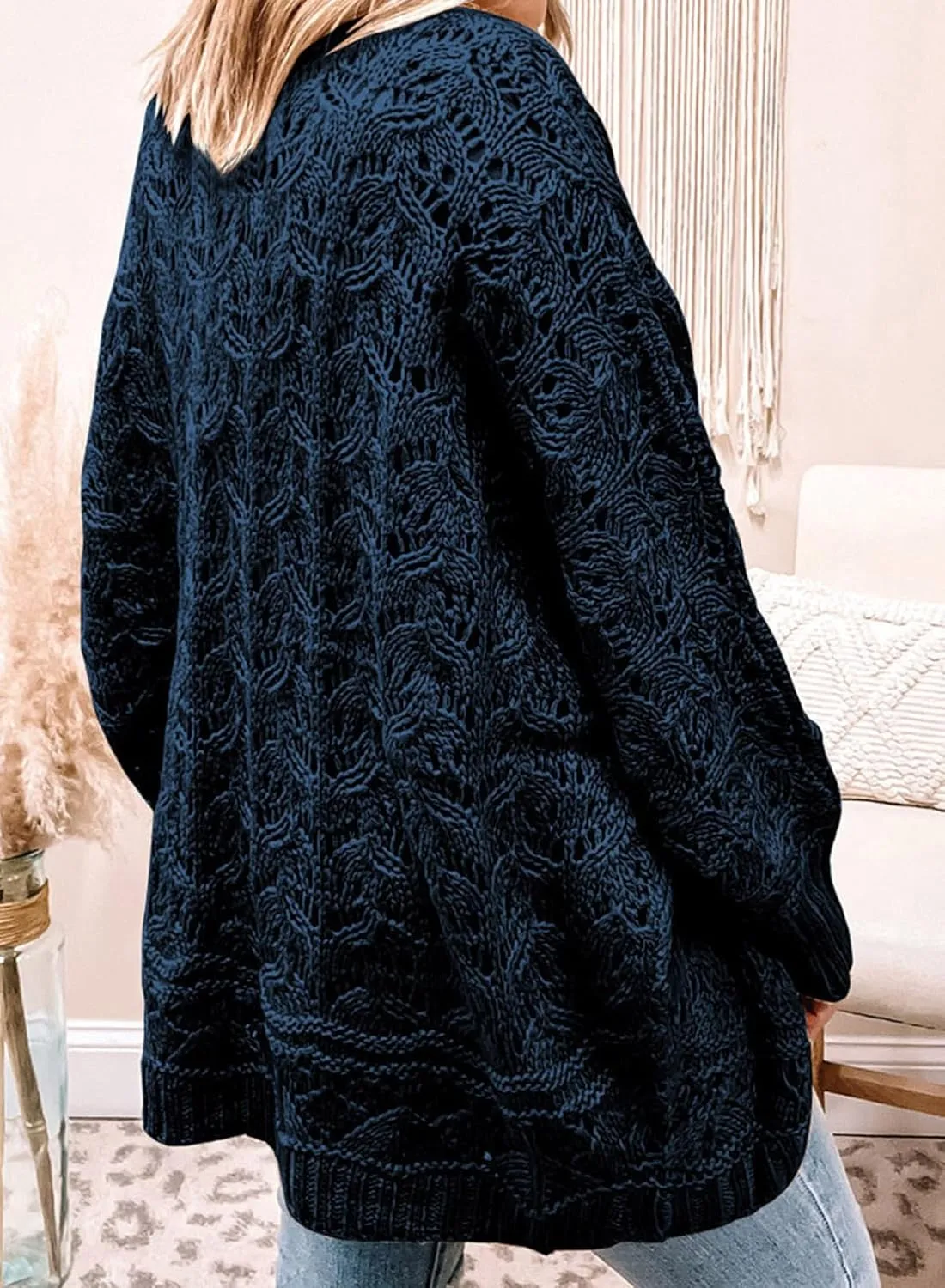 Eytino Womens Plus Size Crochet Cardigan Sweater Long Sleeve Hollow Out Open Front Cardigans Outwear(1X-5X)