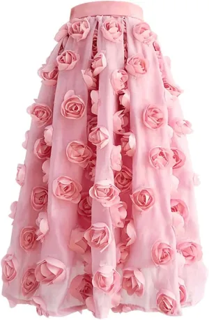 Fairy Girl Women High Waist Floral Pleated Midi Fluffy Pink Tulle Feathered Skirt