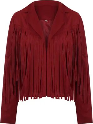Faux Suede Tassel Jacket Womens Vintage Lapel Long Sleeve Fringe Cropped Cardigan Outwears