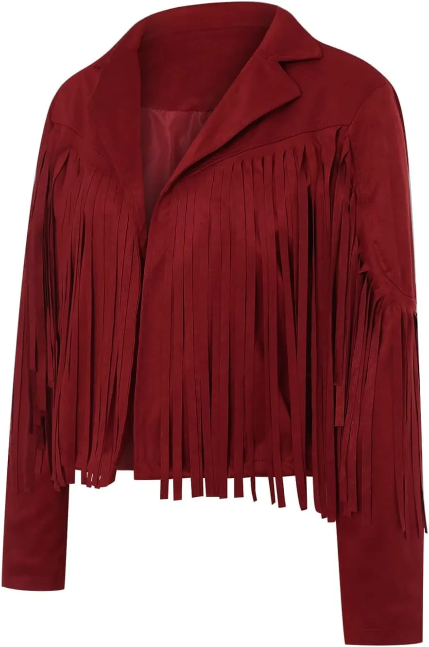 Faux Suede Tassel Jacket Womens Vintage Lapel Long Sleeve Fringe Cropped Cardigan Outwears