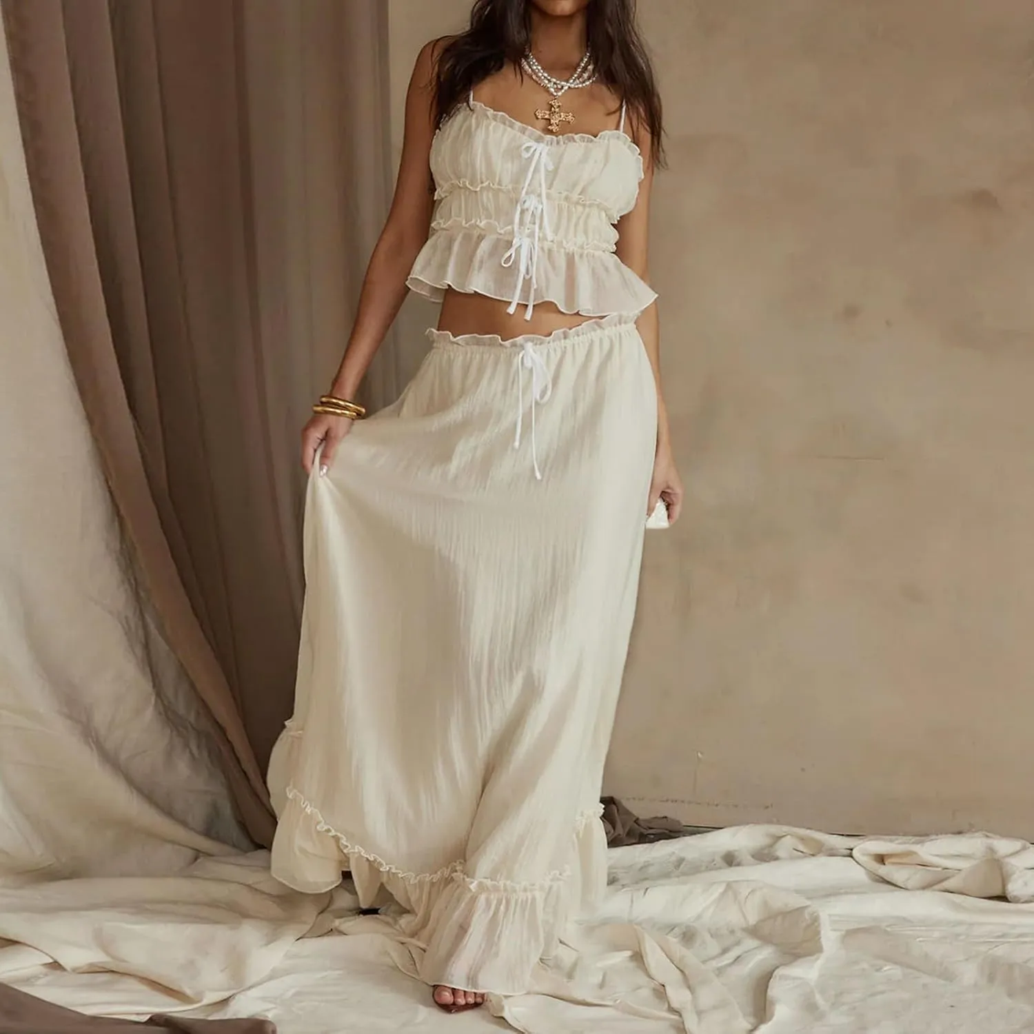 FEORJGP Women Summer 2 Piece Skirt Set Tracksuit Halter Neck Vest Top with Elastic Waist Long Skirt 2Pcs Skirt Sets Beachwear