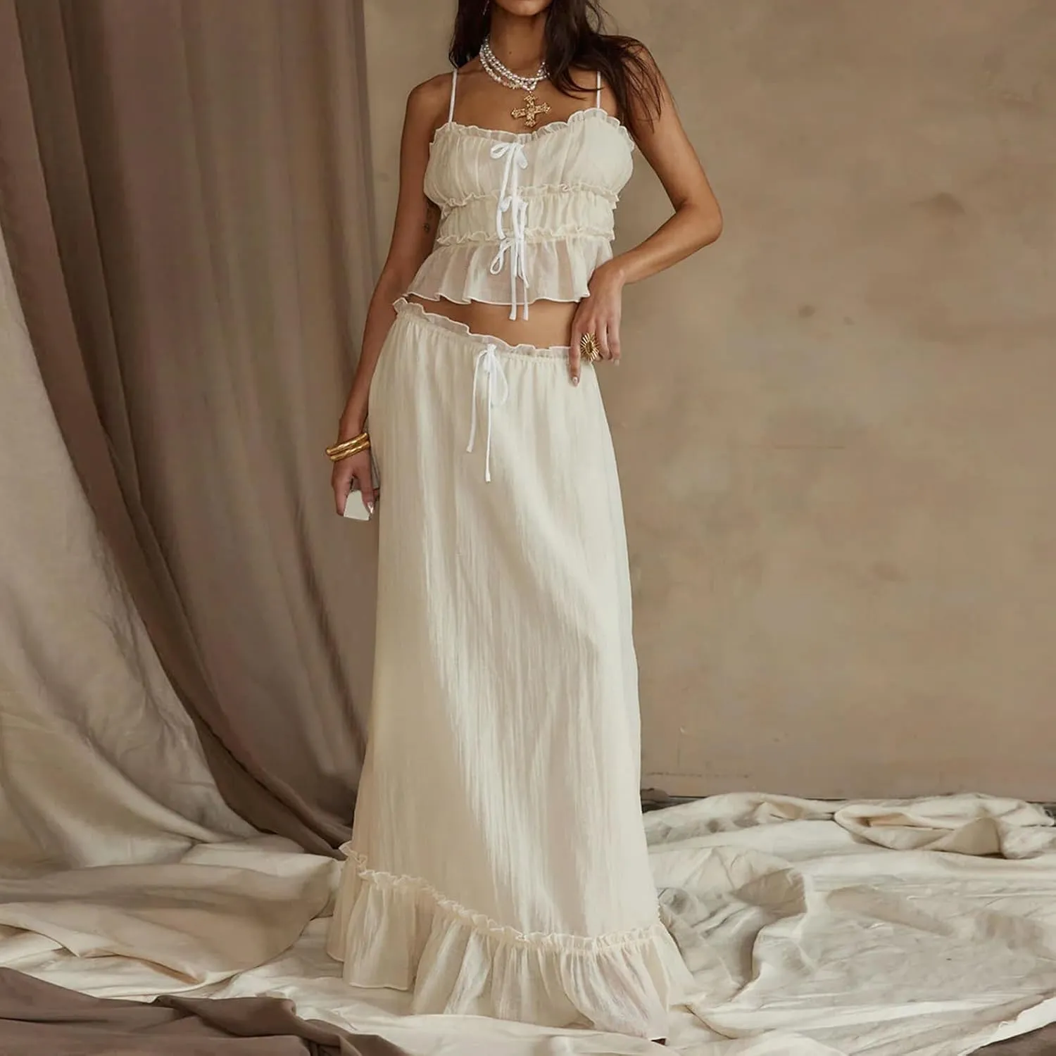FEORJGP Women Summer 2 Piece Skirt Set Tracksuit Halter Neck Vest Top with Elastic Waist Long Skirt 2Pcs Skirt Sets Beachwear
