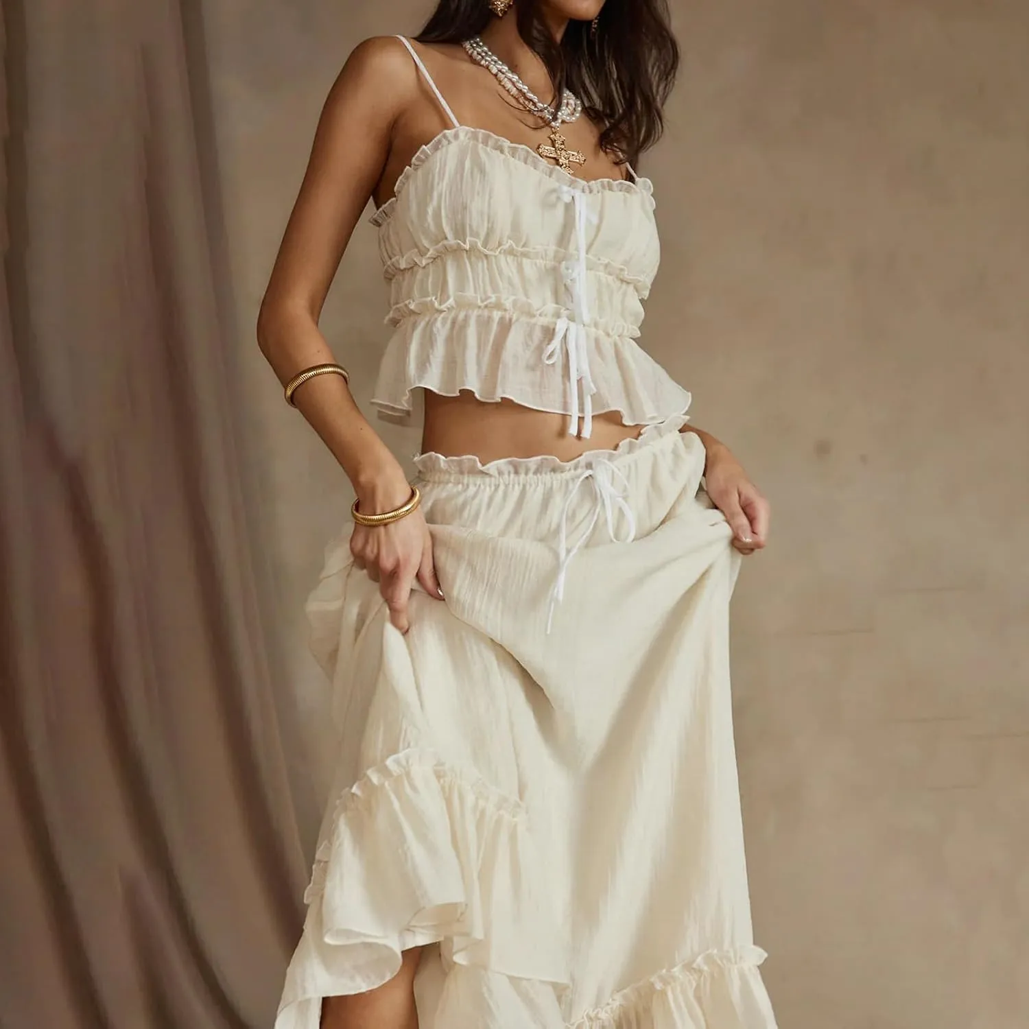 FEORJGP Women Summer 2 Piece Skirt Set Tracksuit Halter Neck Vest Top with Elastic Waist Long Skirt 2Pcs Skirt Sets Beachwear