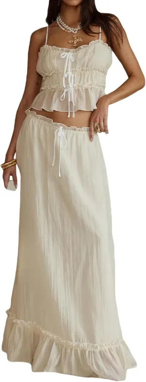 FEORJGP Women Summer 2 Piece Skirt Set Tracksuit Halter Neck Vest Top with Elastic Waist Long Skirt 2Pcs Skirt Sets Beachwear