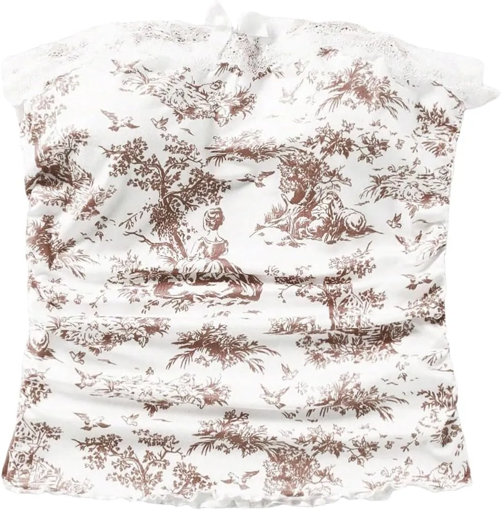 Floerns Women's Allover Print Lace Trim Bowknot Strapless Bandeau Ruched Crop Tube Top
