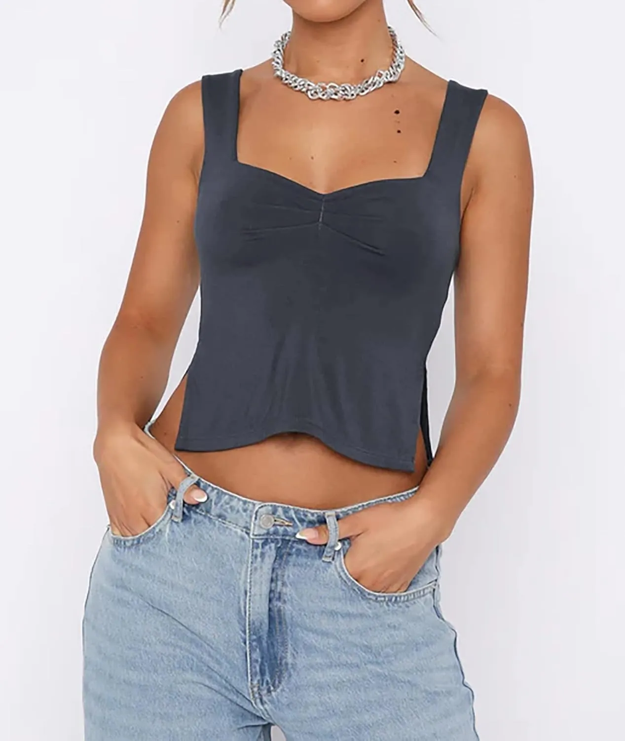 ForeFair Women Sleeveless Backless Crop Tank Top Summer Going Out Outfits Cute Pleated Sweetheart Neck Strappy Y2K Slits Tops