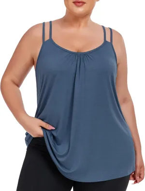 FOREYOND Women's Plus Size Tank Tops with Built in Bra Flowy Racerback Camisole Tops Casual Loose Pleated Summer Shirts