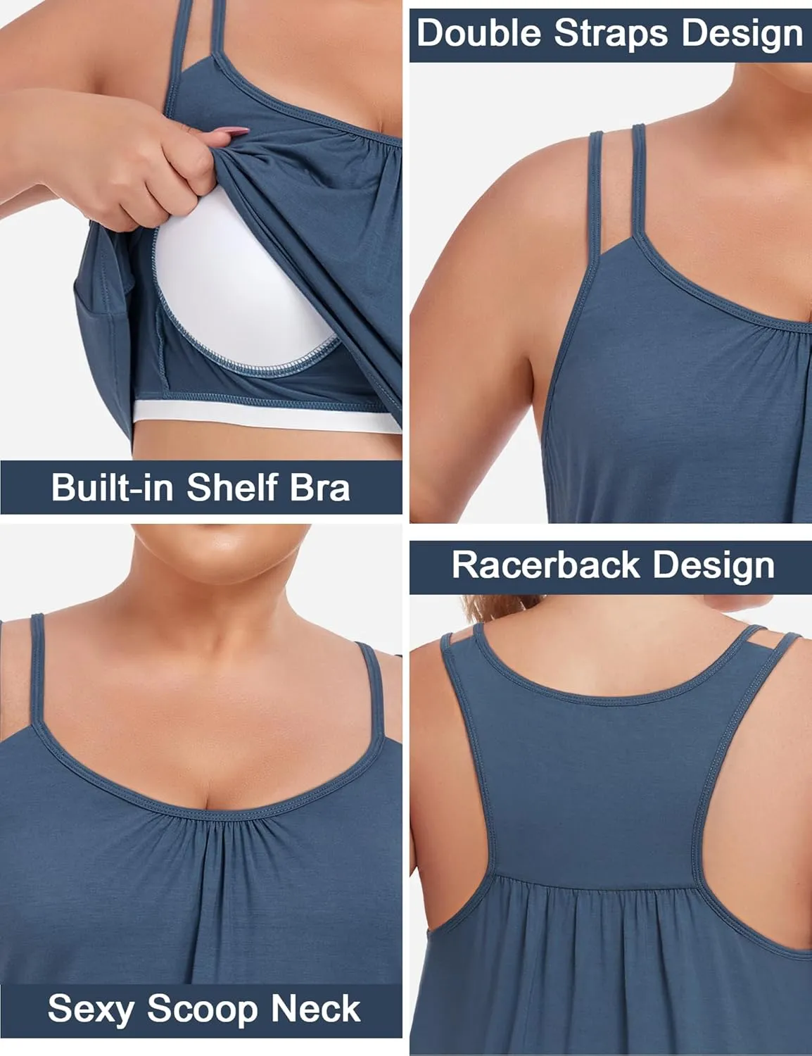 FOREYOND Women's Plus Size Tank Tops with Built in Bra Flowy Racerback Camisole Tops Casual Loose Pleated Summer Shirts