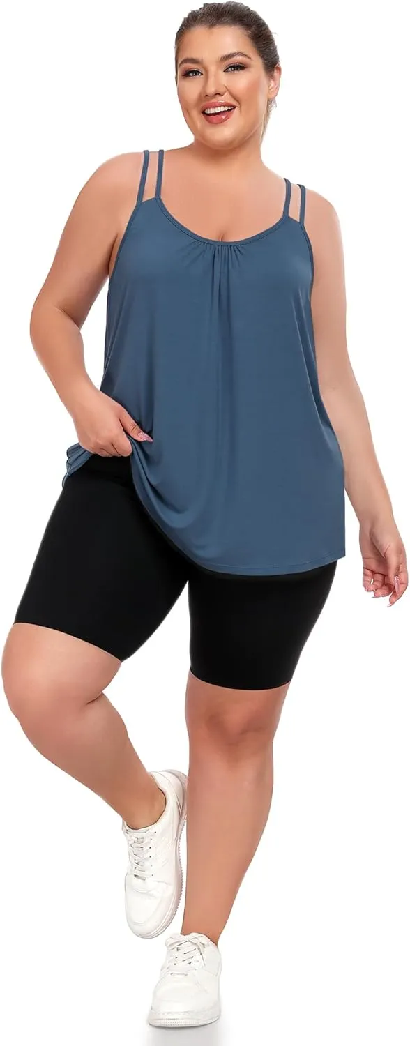 FOREYOND Women's Plus Size Tank Tops with Built in Bra Flowy Racerback Camisole Tops Casual Loose Pleated Summer Shirts