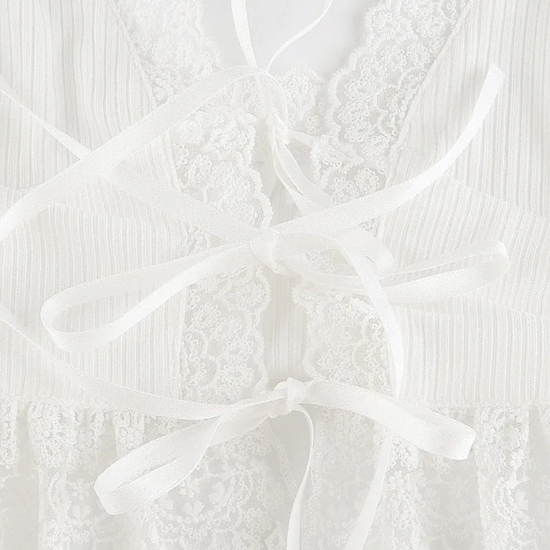 Frill Lace Sexy Crop Tops Tees Women Front Tie Sleeveless Cami Top Summer White V Neck Spaghetti Strap Top Party Club