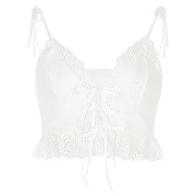Frill Lace Sexy Crop Tops Tees Women Front Tie Sleeveless Cami Top Summer White V Neck Spaghetti Strap Top Party Club