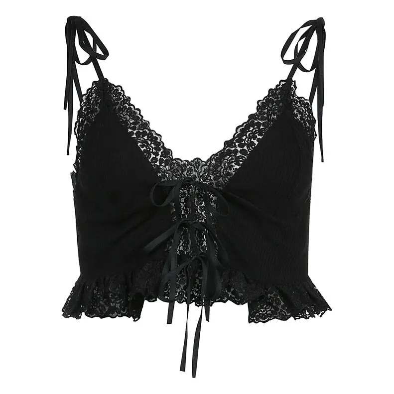 Frill Lace Sexy Crop Tops Tees Women Front Tie Sleeveless Cami Top Summer White V Neck Spaghetti Strap Top Party Club