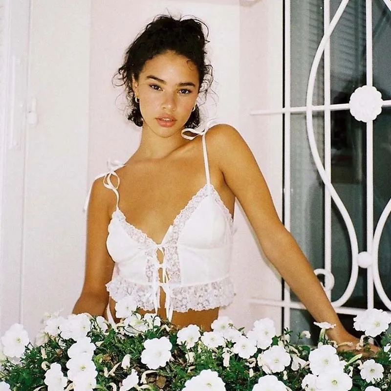 Frill Lace Sexy Crop Tops Tees Women Front Tie Sleeveless Cami Top Summer White V Neck Spaghetti Strap Top Party Club