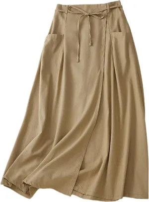 Giltpeak Womens Summer Linen Cotton Skirts Elastic High Waist, Casual Vintage A-Line Midi Dress with Pocket
