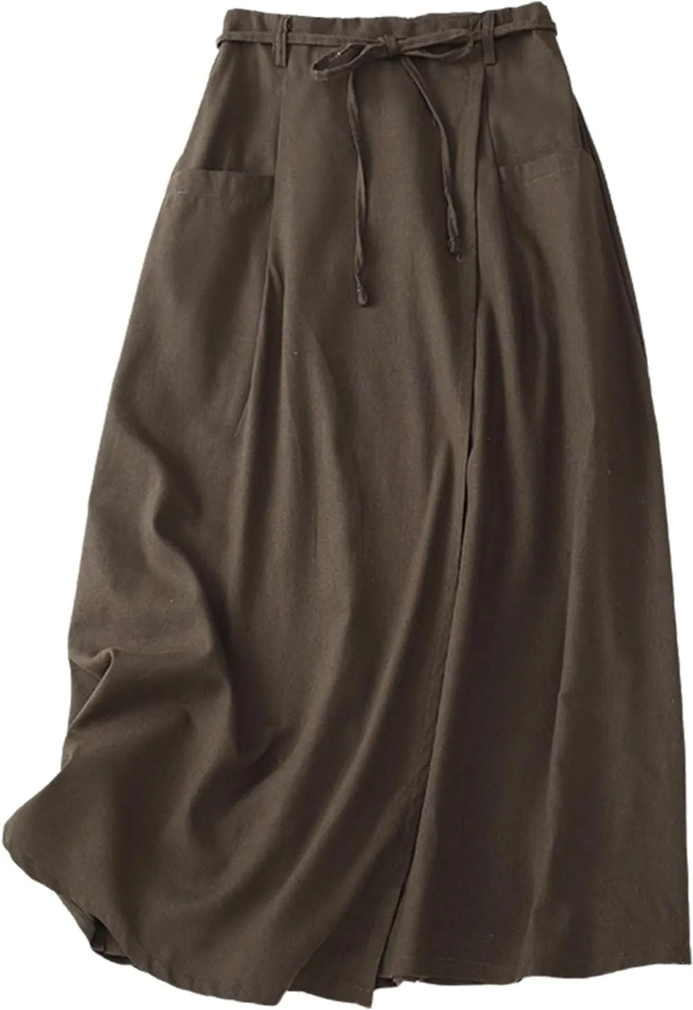 Giltpeak Womens Summer Linen Cotton Skirts Elastic High Waist, Casual Vintage A-Line Midi Dress with Pocket