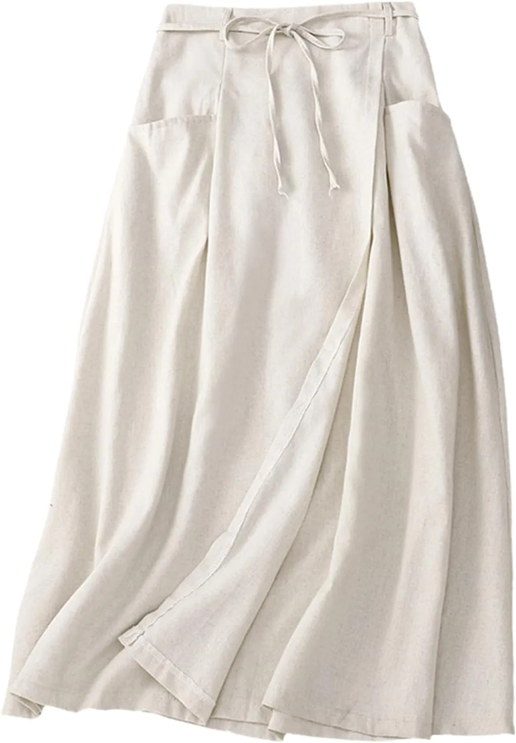 Giltpeak Womens Summer Linen Cotton Skirts Elastic High Waist, Casual Vintage A-Line Midi Dress with Pocket