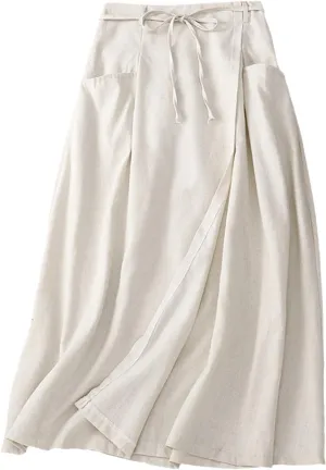 Giltpeak Womens Summer Linen Cotton Skirts Elastic High Waist, Casual Vintage A-Line Midi Dress with Pocket