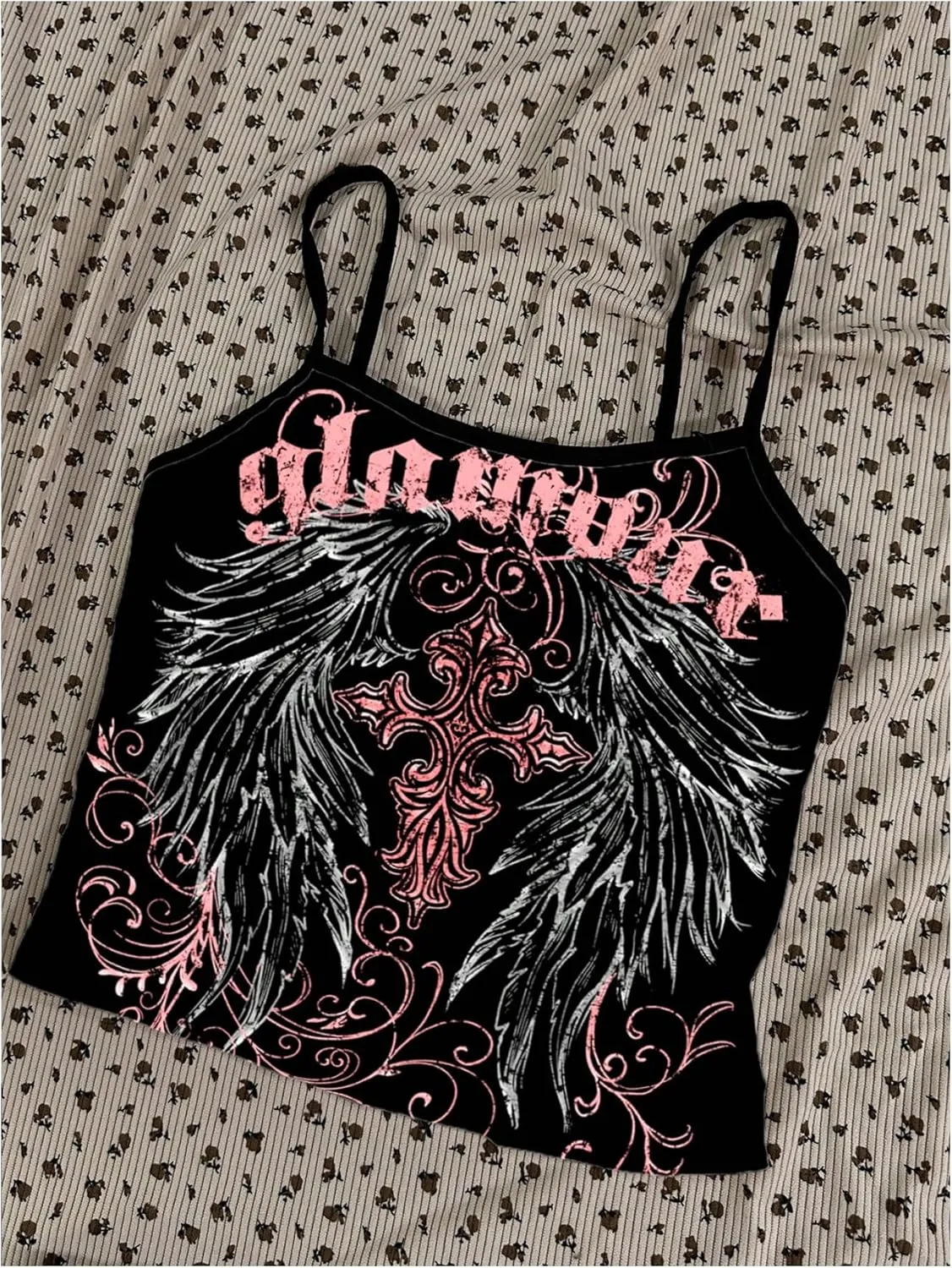 GORGLITTER Women's Backless Low Cut Gothic Crop Cami Top Vintage Graphic Sleeveless Slim Fit Camisole Y2k Streetwear