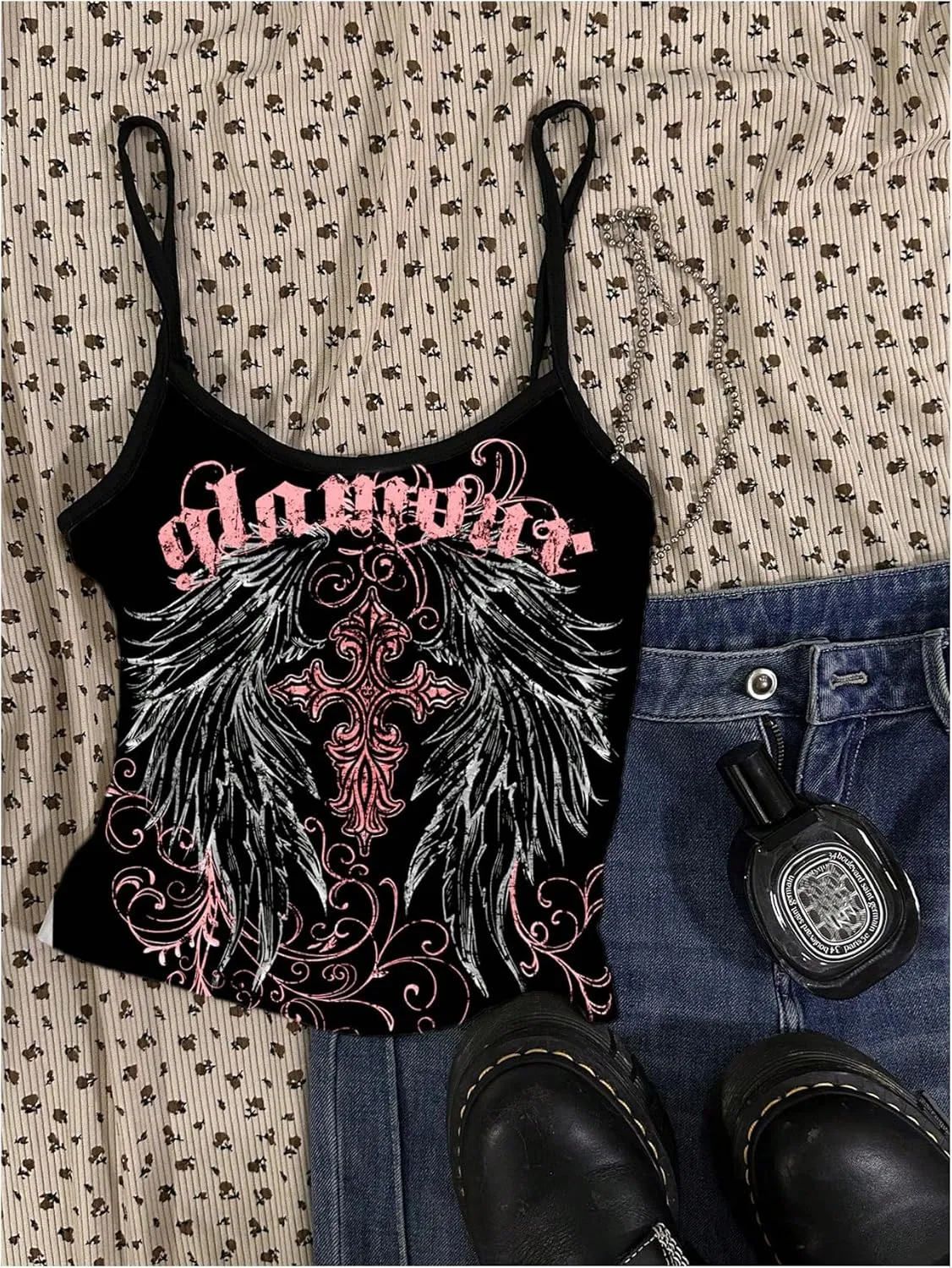 GORGLITTER Women's Backless Low Cut Gothic Crop Cami Top Vintage Graphic Sleeveless Slim Fit Camisole Y2k Streetwear