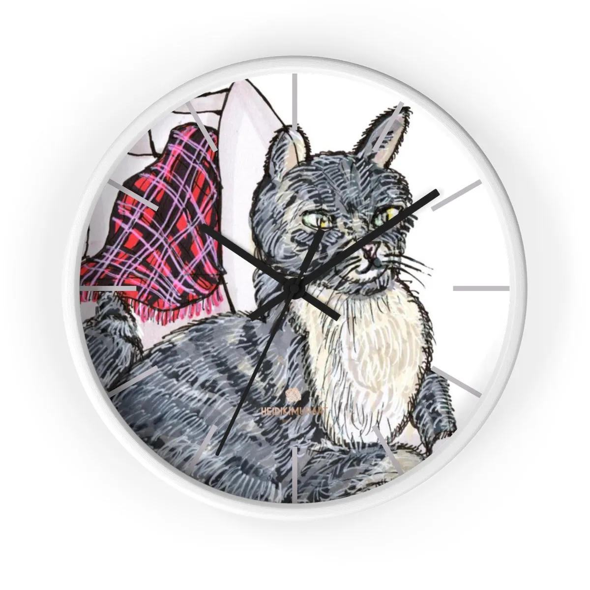 Gray Cat Print Wall Clock, Cute Animal Art Print 10 in. Dia. Indoor Wall Clock- Made in USA